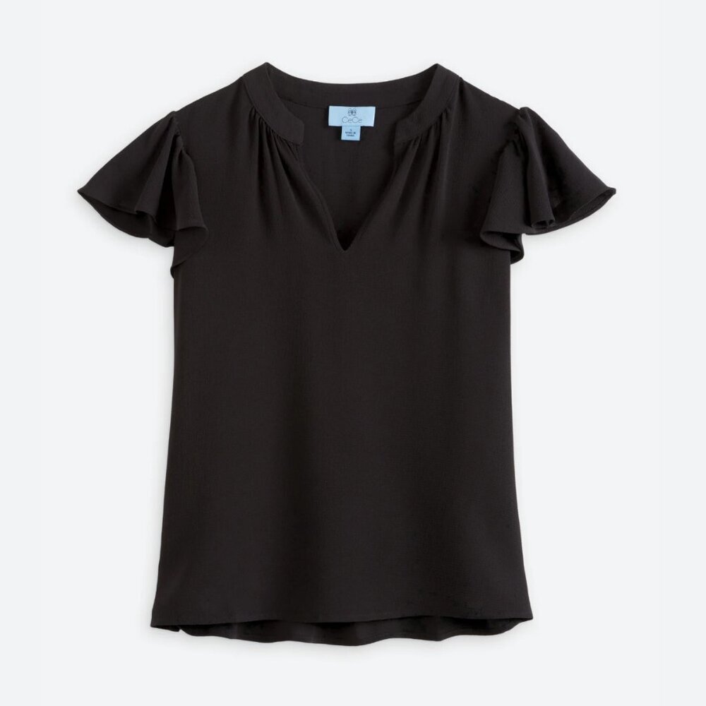 CECE Black V-Neck Flutter Sleeve Blouse, L